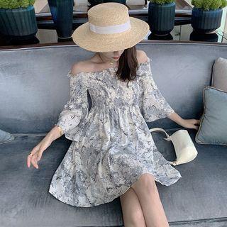 Off-shoulder Smock-panel Patterned Minidress Gray - One Size