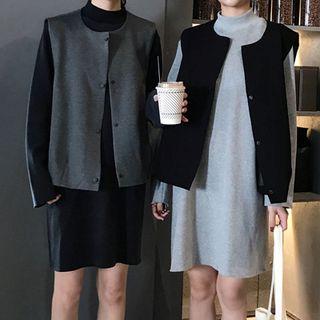 Buttoned Vest / Long-sleeve Mock-neck Long T-shirt