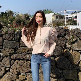 Puff-shoulder Half-placket Blouse