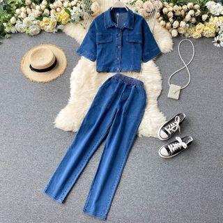 Set: Short-sleeve Denim Shirt + Jeans