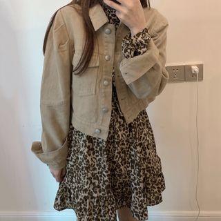 Long-sleeve Leopard Print A-line Dress / Shirt Jacket
