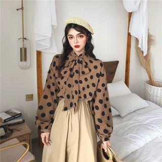 Tie-neck Dotted Blouse / Midi A-line Skirt