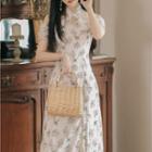 Cold Shoulder Floral Print Midi A-line Qipao Dress