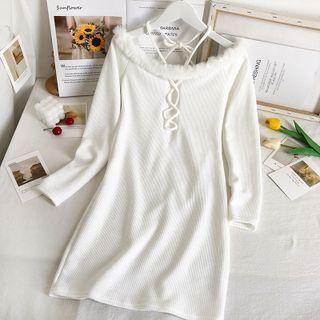 Off-shoulder Furry-trim Lace-up Mini Dress