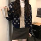 Flower Print Cardigan / Plain Turtle-neck Long-sleeve Top / Mini Skirt