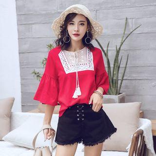 3/4-sleeve Embroidered Paneled Top