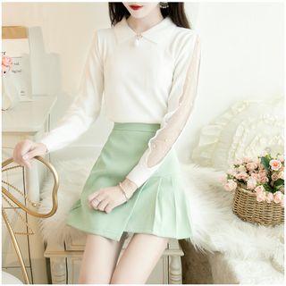 Set: Mesh Panel Beaded Knit Top + Asymmetric Mini Skirt