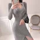 Long-sleeve V-neck Skinny Slit Knit Dress Gray - One Size