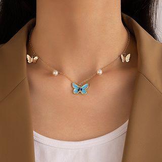 Butterfly Faux Pearl Alloy Necklace 21482 - Blue - One Size