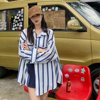 Long-sleeve Lapel Striped Loose-fit Shirt Jacket Stripe - One Size