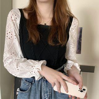 Long-sleeve Square Neck Color Block Knit Top