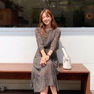 Tie-waist Flared Long Floral Dress Black - One Size