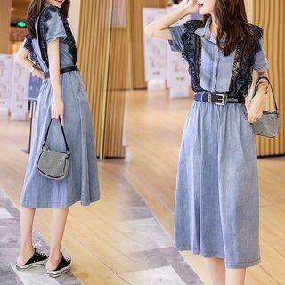 Lace Trim Short-sleeve Denim Midi Collared Dress