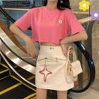 Set: Short-sleeve Printed Flower Cropped T-shirt + A-line Mini Skirt