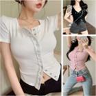 Short-sleeve Plain Button-up Slim-fit Top