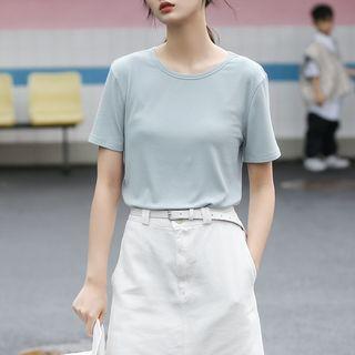 Crew-neck Short-sleeve T-shirt Blue - One Size