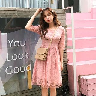 Elbow-sleeve Laced A-line Dress Pink - One Size