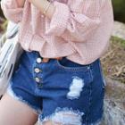 Button-front Distressed Denim Shorts