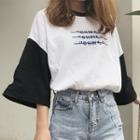 3/4-sleeve Two-tone Embroidered T-shirt