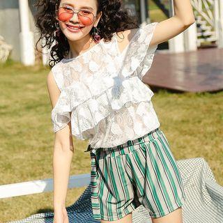 Set: Striped Bikini + Short-sleeve Top + Swim Shorts