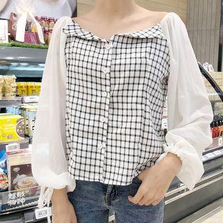 Plaid Panel Lantern-sleeve Top