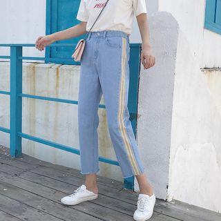 Stripe-side Cropped Straight-cut Jeans