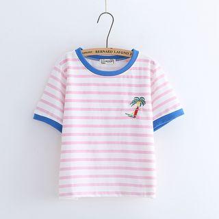 Palm Tree Embroidered Striped Short-sleeve T-shirt