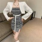 Spaghetti Strap Argyle Print Mini Split Dress / Shoulder-padded Buckle-accent Crop Blazer