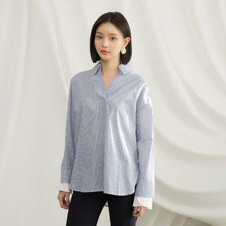 Open-placket Contrast-cuff Stripe Blouse Blue - One Size