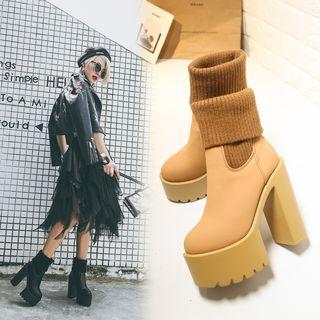Platform Block Heel Elastic Fabric Panel Short Boots