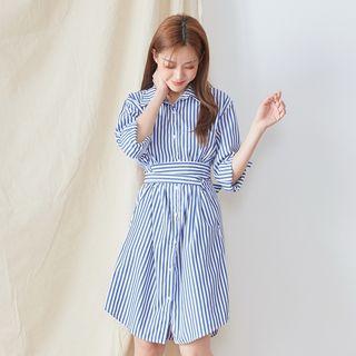 Striped Tie-waist Long-sleeve Shirtdress 5 - Blue - One Size