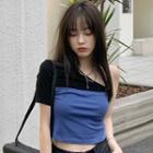 One-shoulder Two-tone Crop Top Blue & Black - One Size