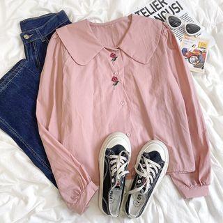 Long-sleeve Peter Pan Collar Rose Embroidered Shirt