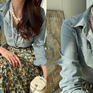 Washed Dual-pocket Denim Jacket Light Blue - One Size