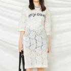 Lettering Embroidered Elbow-sleeve Lace Dress