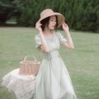 Puff-sleeve Lace-up A-line Midi Dress