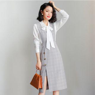 Set: Plain Tie-neck Blouse + Plaid Pinafore Dress