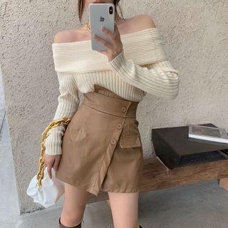 Long Sleeve Off Shoulder Sweater / Buttoned Skort