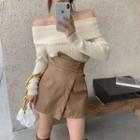 Long Sleeve Off Shoulder Sweater / Buttoned Skort