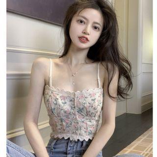 Floral Print Eyelet Lace Trim Camisole Top
