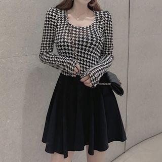 Mock Two-piece Houndstooth Long-sleeve Mini Dress