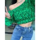 Bell-sleeve Off-shoulder Cropped Blouse Green - One Size