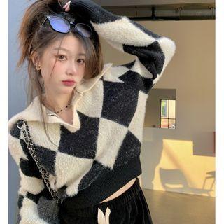Argyle Cropped Polo Sweater Black & Almond - One Size