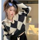 Argyle Cropped Polo Sweater Black & Almond - One Size