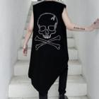 Skull Embroidered Asymmetric Hem Sleeveless T-shirt