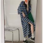 3/4-sleeve Striped Slit Midi T-shirt Dress Stripe - Blue & Green - One Size