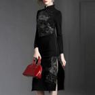 Long-sleeve Paneled Slit-side Dress