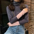 Long-sleeve Color-panel Turtle-neck Knit Top
