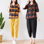 Set : Plaid V-neck Short-sleeve Top + Plain Cropped Pants