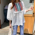 Balloon-sleeve Multicolor-embroidered Blouse